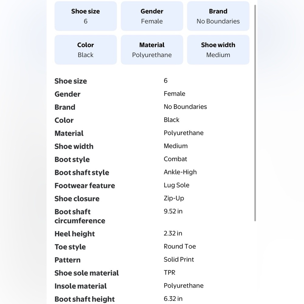 No Boundaries Women's Size 6 Black Lug Sole Combat Boots Side Zip Memory Foam - Picture 8 of 9